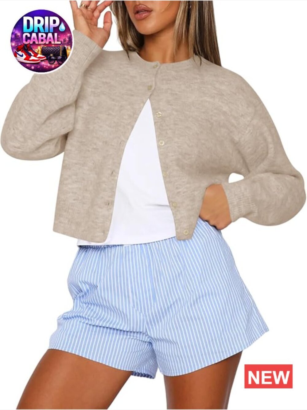 Womens Cropped Cardigan Sweater Crew Neck Long Sleeve Button Up Lightweight